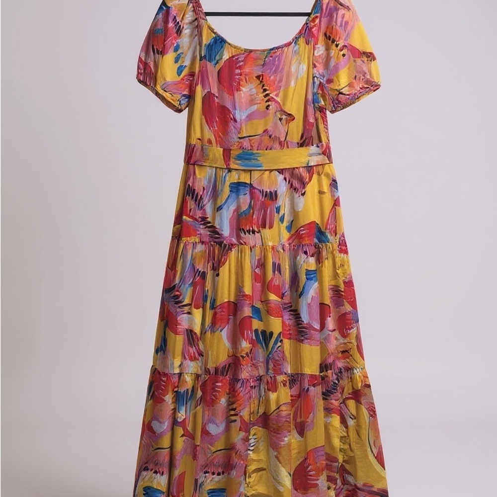 Farm Rio Neon Macaws Maxi Dress Size L Colorful Off The Shoulder Beaded Belt